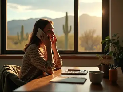 Woman at home in Arizona on a phone call with a notepad